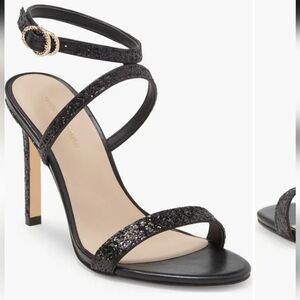 Stuart Weitzman Size 8 Crystal Buckle Black Glitter Strappy Heels